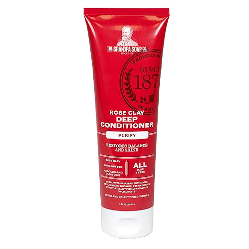 Handcrafted red tube of rose clay deep conditioner made in USA, designed for health and wellness, grooming and personal hygiene, and gentle care for all hair types.