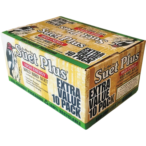 Pack of ten high energy wild bird suet cakes in eco-friendly recyclable packaging, ideal for feeding birds year-round, featured in Farm, Garden & Tool and Animal Care collections.