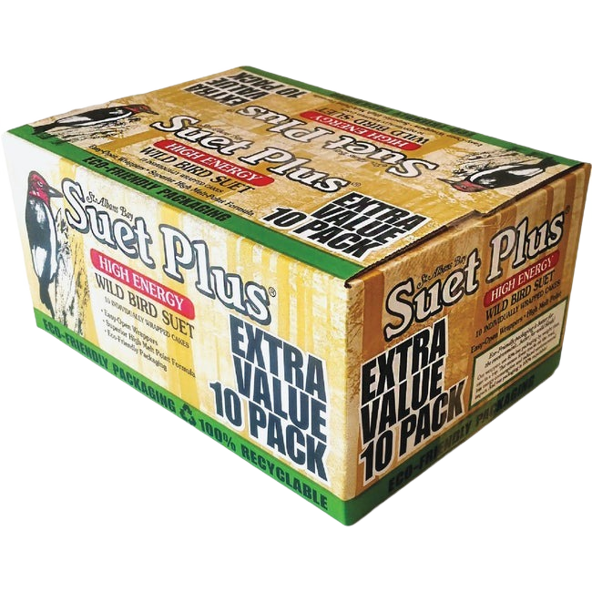 Pack of ten high energy wild bird suet cakes in eco-friendly recyclable packaging, ideal for feeding birds year-round, featured in Farm, Garden & Tool and Animal Care collections.