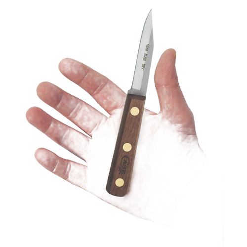 Handheld 3-inch paring knife with a sharp clip point blade and wooden handle featuring three brass rivets, handcrafted and made in USA, suitable for kitchen prep and food tasks.