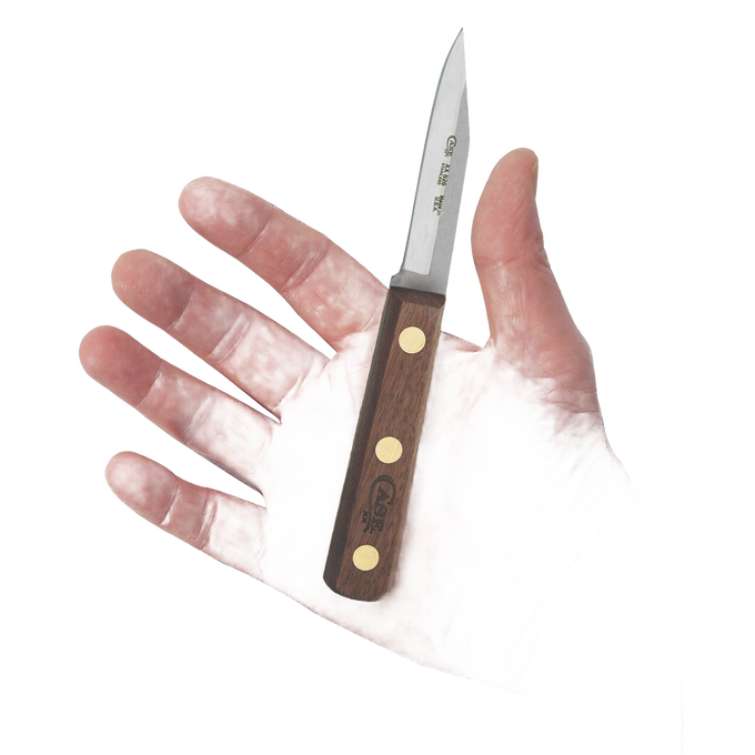 Handheld 3-inch paring knife with a sharp clip point blade and wooden handle featuring three brass rivets, handcrafted and made in USA, suitable for kitchen prep and food tasks.