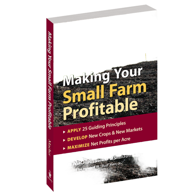 Softcover book titled "Making Your Small Farm Profitable" with a soil background and bullet points on guiding principles, crops, and profit maximization, featured in Toys, Books & Games, Farm and Livestock Books, and Best Sellers collections.