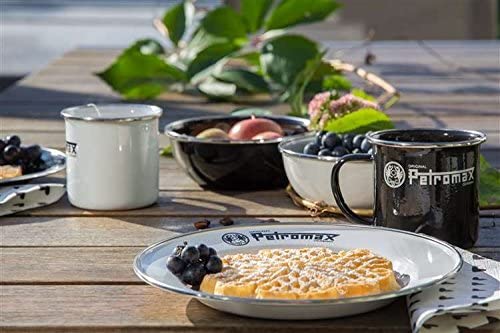 Set of two enamel camping plates and matching bowls and mugs in black and white with Petromax logo, ideal for outdoor meals in Farm, Garden & Tool, Kitchen & Food, Camping, Dinnerware, Best Sellers, Promo Eligible collections.