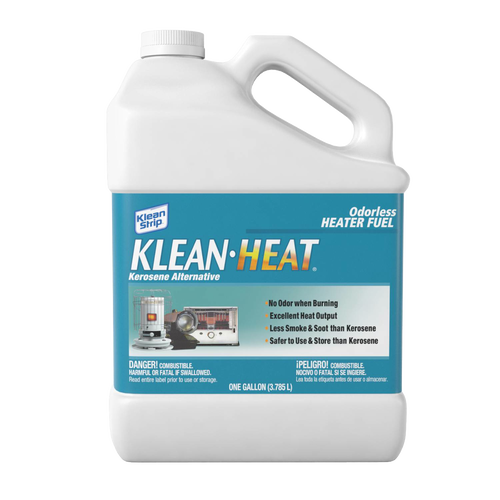 White one-gallon jug with handle containing odorless heater fuel, labeled as a cleaner alternative to kerosene, suitable for farm, garden, emergency supplies, lamps, and lighting.
