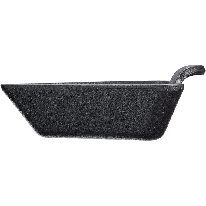 Triangle-shaped cast iron mini server with a seasoned finish and handled edge, ideal for hot or cold serving, handcrafted in the USA, featured in Kitchen & Food, Cookware, and Cast Iron collections.