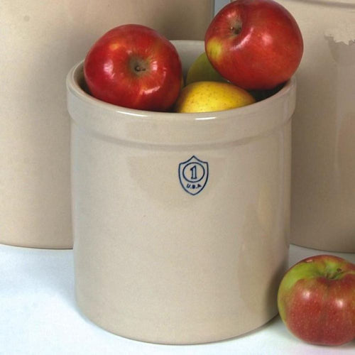 Handcrafted 1 gallon stoneware crock with stamped number and USA mark, ideal for fermenting, food preservation, and kitchen use, featured in Home & Decor and Best Sellers collections.