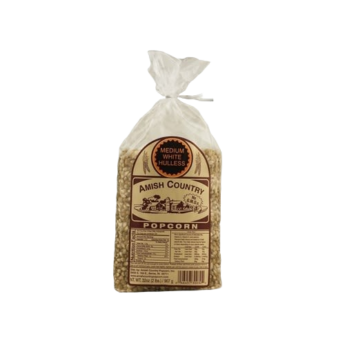 Clear plastic bag of medium white hulless popcorn kernels labeled Amish Country, featuring nutritional info, ideal for Kitchen & Food, Snacks and Sweets, USA Made, Best Sellers collections.
