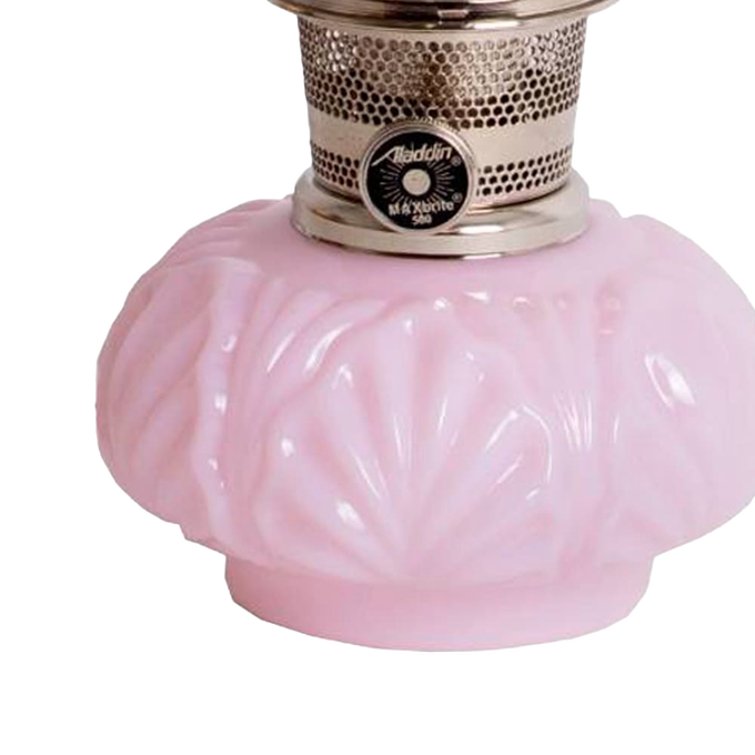 Limited edition handcrafted oil lamp with a pale pink Crown Tuscan glass base and bright metal burner, ideal for Lamps & Lighting, Oil Lamps, Table Lamps, and Best Sellers collections.
