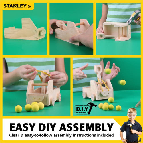 Hands assembling a wooden truck catapult toy with four wheels and yellow foam balls, featured in Toys, Books & Games, Children's Toys, Arts and Crafts, Indoor Play, and Best Sellers collections.