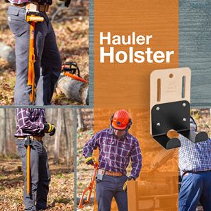 Man securing an orange hauler holster to a belt while carrying firewood tools outdoors, featured in Farm, Garden & Tool, Wood Cutting and Hauling, USA Made, Best Sellers, and Promo Eligible collections.