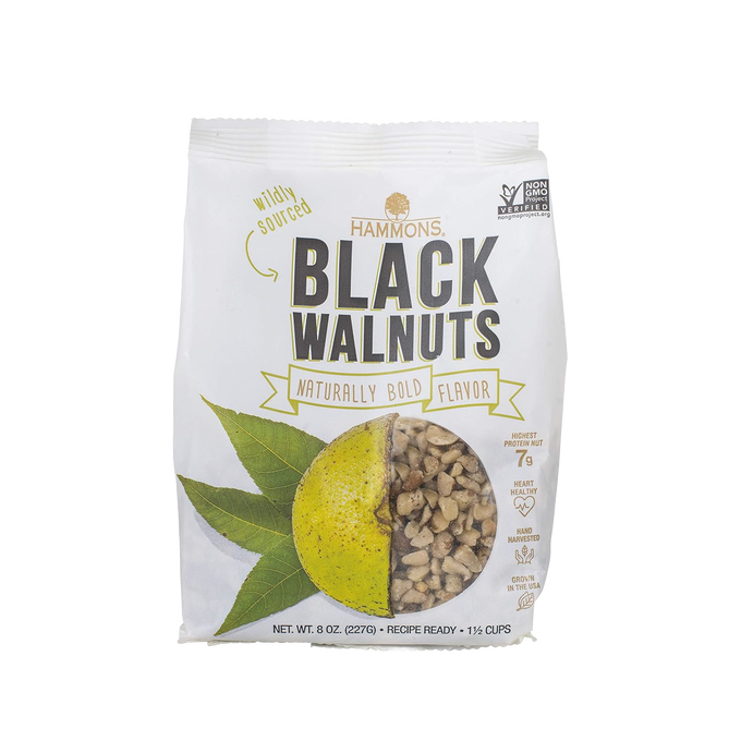 Package of USA-made shelled black walnuts with wild-sourced nuts, highlighting natural bold flavor, protein content, and suitability for Kitchen & Food and Snacks and Sweets collections.