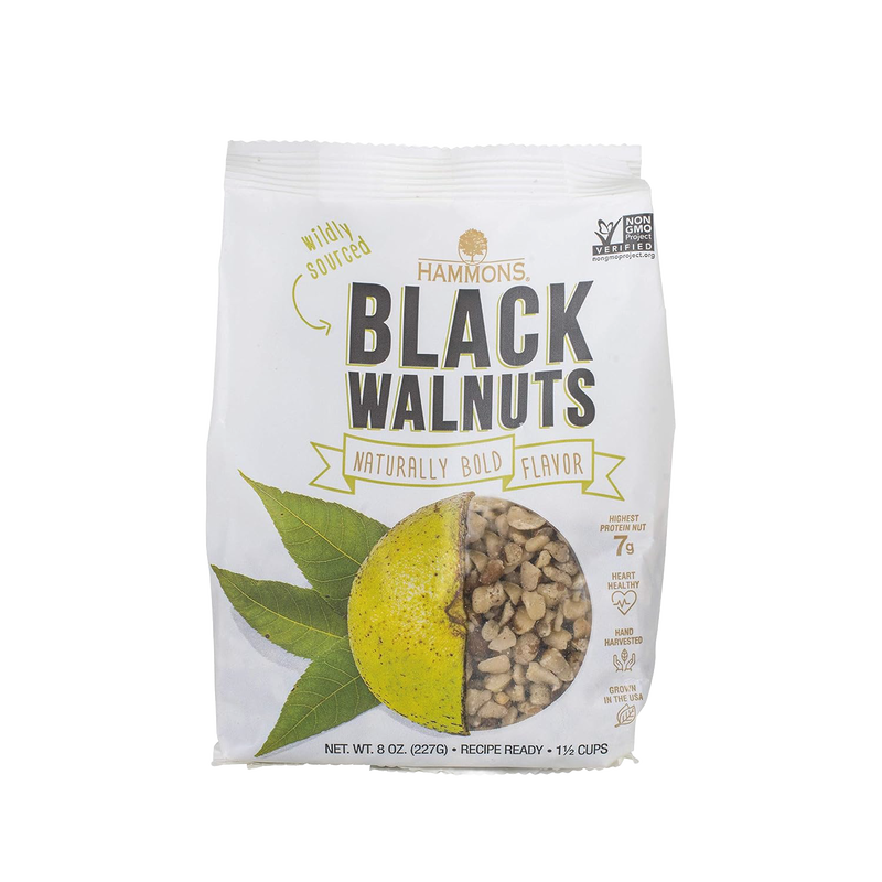 Package of USA-made shelled black walnuts with wild-sourced nuts, highlighting natural bold flavor, protein content, and suitability for Kitchen & Food and Snacks and Sweets collections.