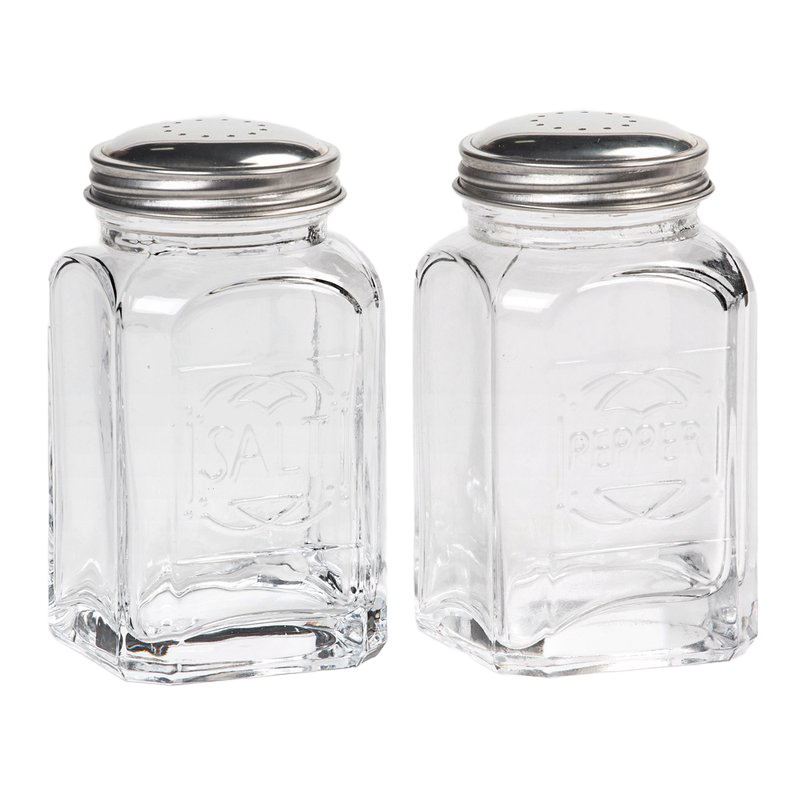 Set of two clear glass salt and pepper shakers with stainless steel lids, featuring embossed labels, perfect for Kitchen & Food, Dinnerware, Best Sellers, and Promo Eligible collections.