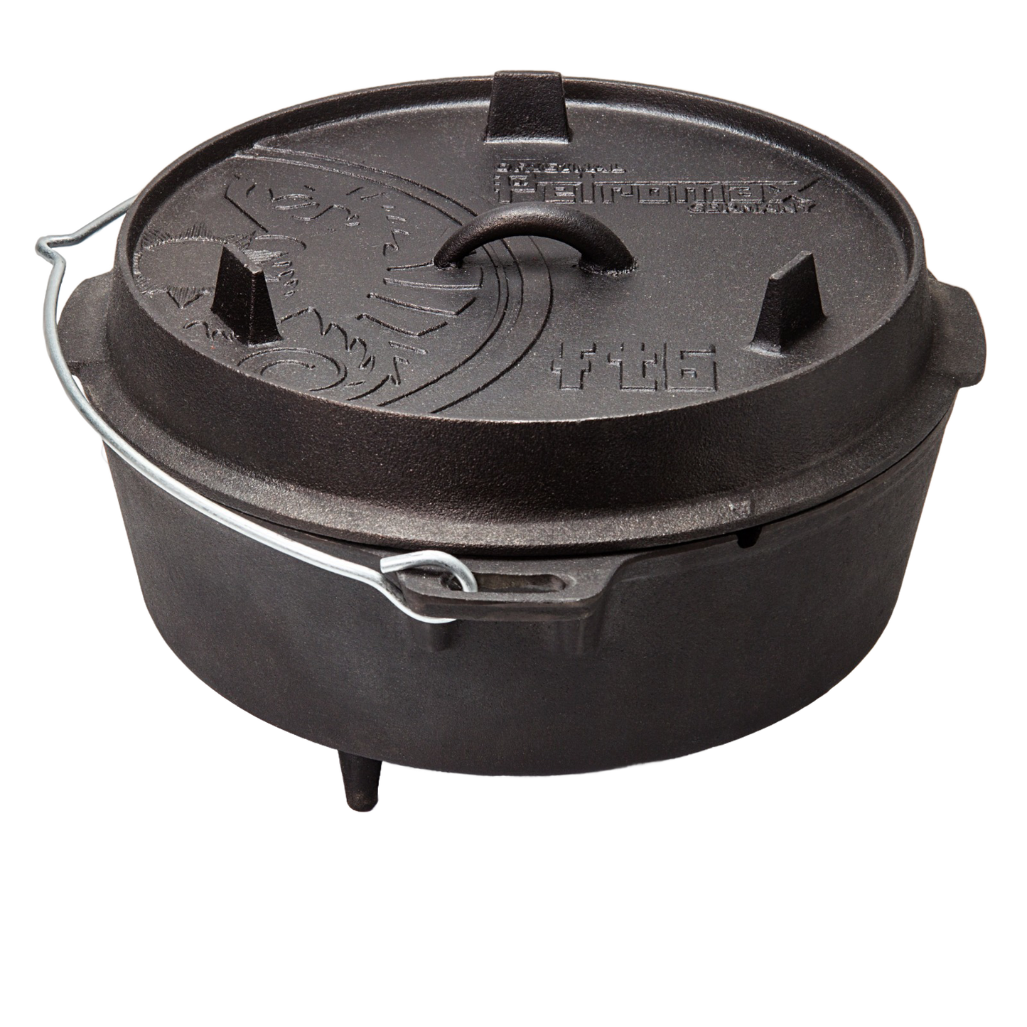 Black cast iron Dutch oven with three legs and a durable bail handle, featuring an embossed lid with distinctive design, ideal for versatile cooking in Kitchen & Food, Cookware, Cast Iron, Best Sellers, Promo Eligible collections.