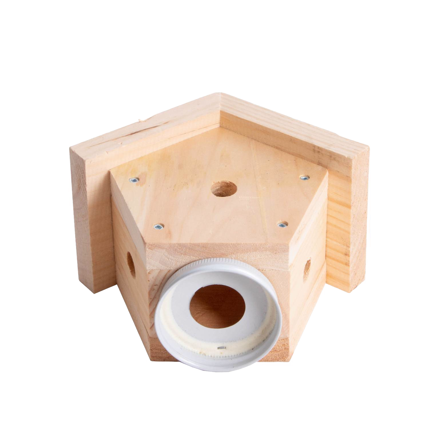 Handcrafted Amish made pine wood bee trap with glass jar opening, designed for outdoor pest control to attract carpenter bees, part of Farm, Garden & Tool and USA Made collections.