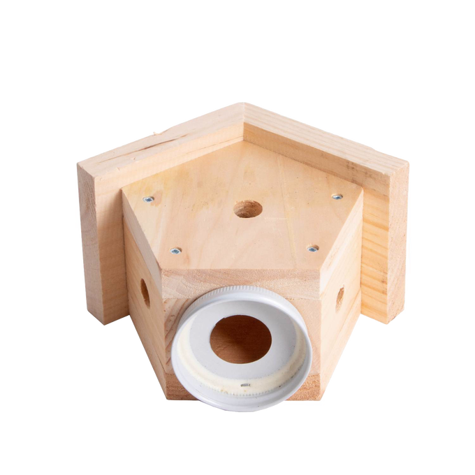Handcrafted Amish made pine wood bee trap with glass jar opening, designed for outdoor pest control to attract carpenter bees, part of Farm, Garden & Tool and USA Made collections.