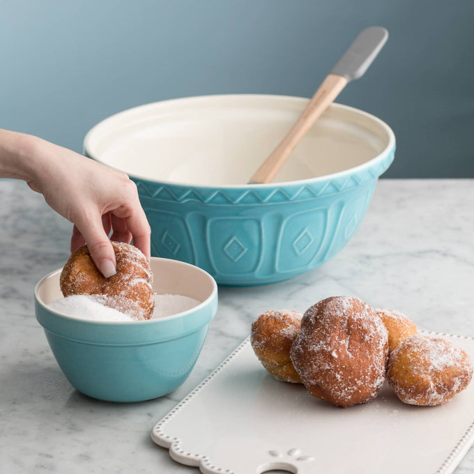 Turquoise earthenware mixing bowls with embossed geometric patterns and cream interiors, shown with sugar-coated pastries, suitable for Kitchen & Food, Cookware, Baking Supplies, and Best Sellers collections.