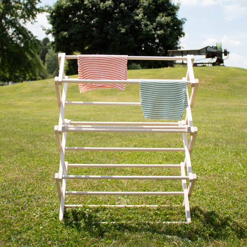 Handcrafted Amish made wooden floor clothes dryer with multiple drying rods, ideal for indoor or outdoor use, featured in Laundry Supplies, Home & Decor, and Best Sellers collections.