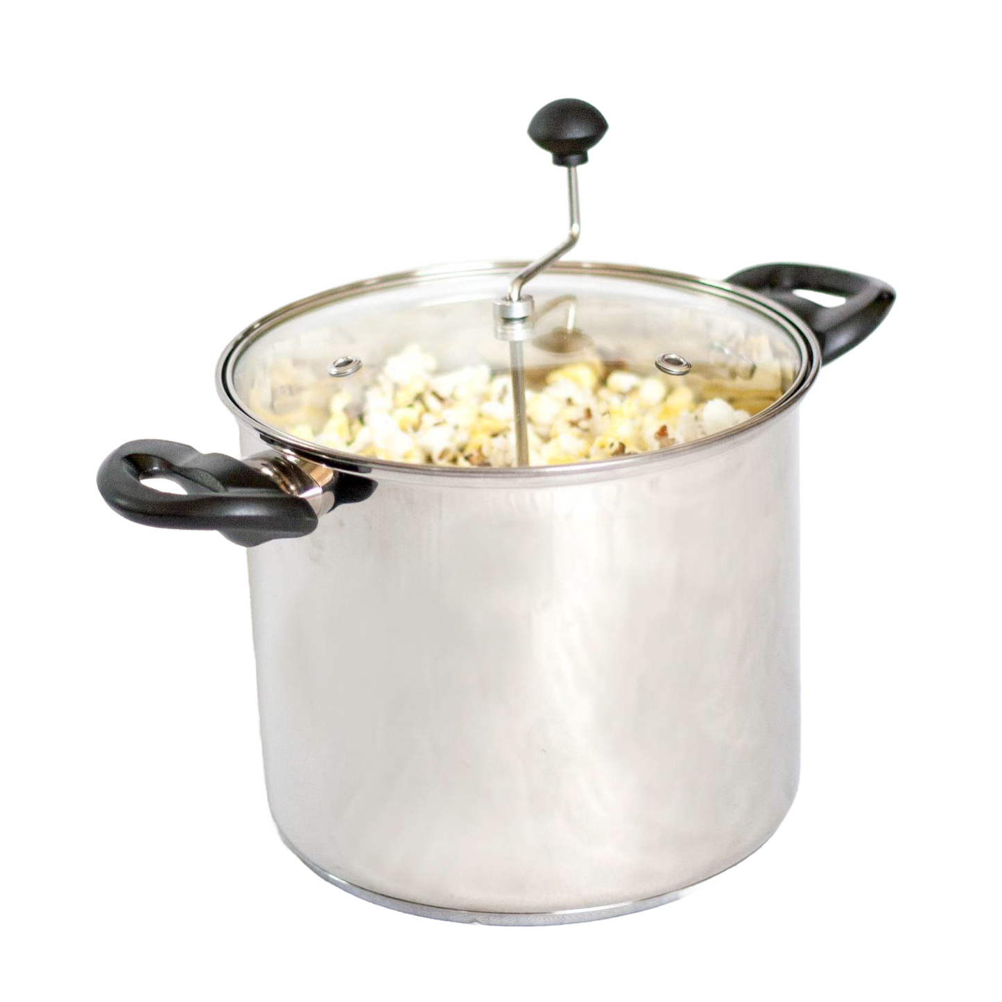 Handcrafted stainless steel stovetop popcorn popper with clear glass lid and black handles, featuring a manual stirring crank, ideal for Kitchen & Food, Cookware, and Popcorn collections.