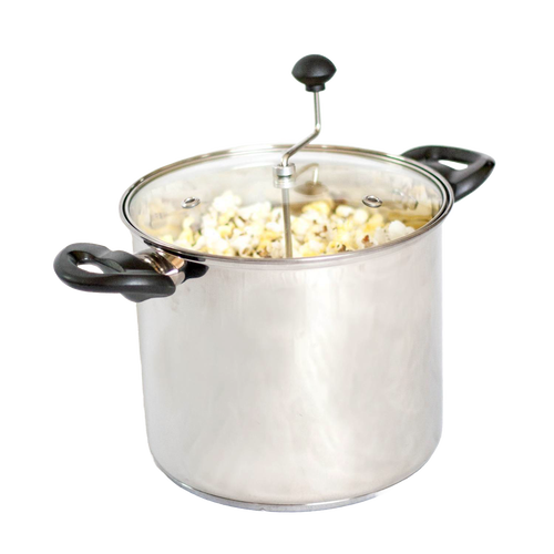 Handcrafted stainless steel stovetop popcorn popper with clear glass lid and black handles, featuring a manual stirring crank, ideal for Kitchen & Food, Cookware, and Popcorn collections.