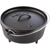 Handcrafted cast iron camp Dutch oven with built-in legs and sturdy metal handle, made in USA for versatile outdoor cooking; featured in Farm, Garden & Tool, Camping, Cast Iron, USA Made, Best Sellers, and Promo Eligible collections.