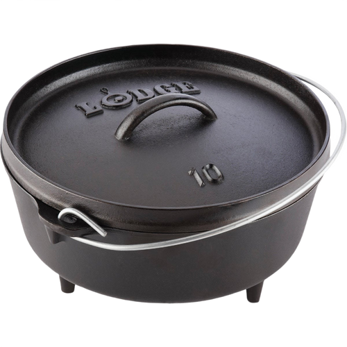 Handcrafted cast iron camp Dutch oven with built-in legs and sturdy metal handle, made in USA for versatile outdoor cooking; featured in Farm, Garden & Tool, Camping, Cast Iron, USA Made, Best Sellers, and Promo Eligible collections.