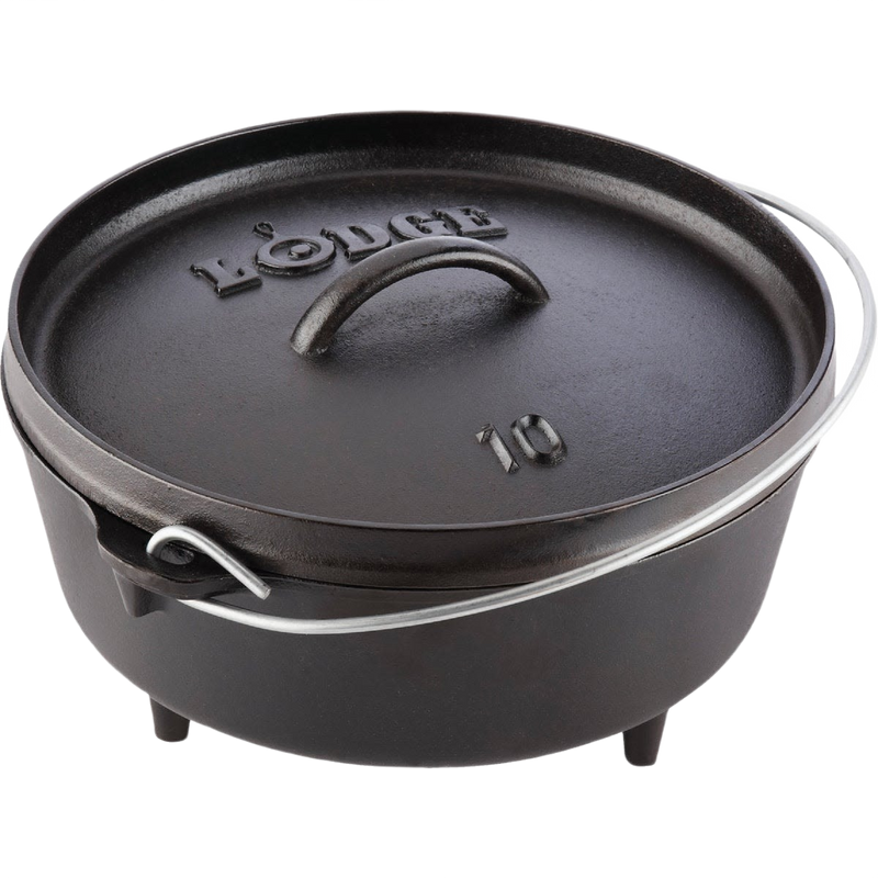 Handcrafted cast iron camp Dutch oven with built-in legs and sturdy metal handle, made in USA for versatile outdoor cooking; featured in Farm, Garden & Tool, Camping, Cast Iron, USA Made, Best Sellers, and Promo Eligible collections.