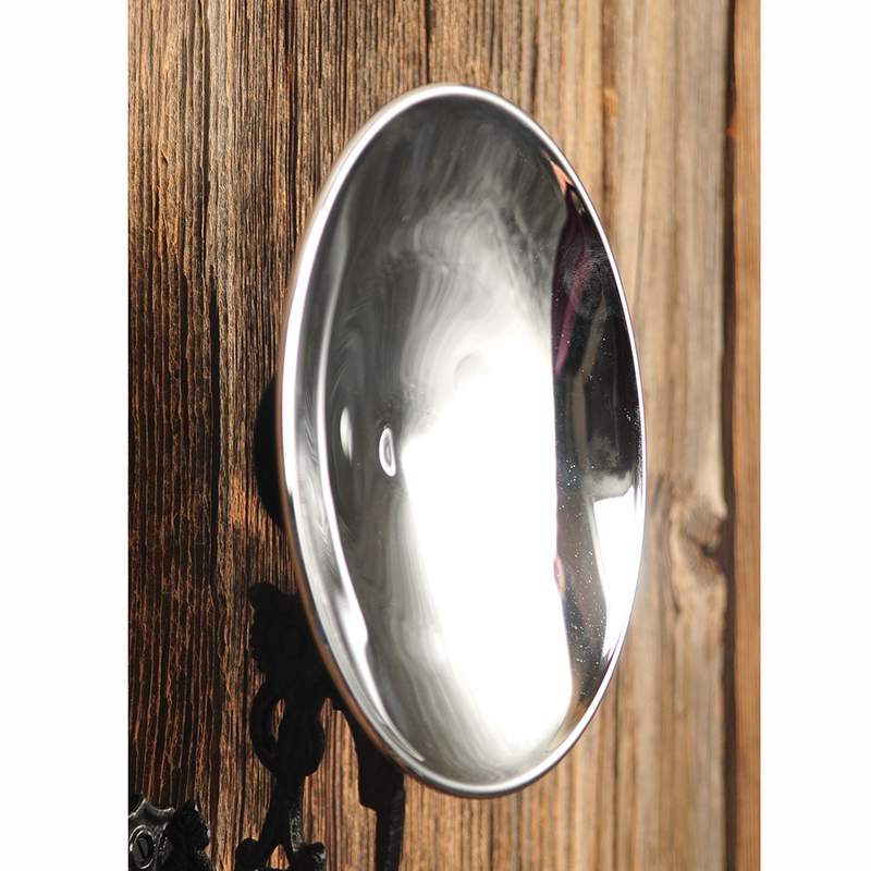 Concave mercury reflector with locking nut mounted on rustic wooden surface, designed for vintage oil lamps, handcrafted with slight imperfections, featured in Lamps & Lighting collections.