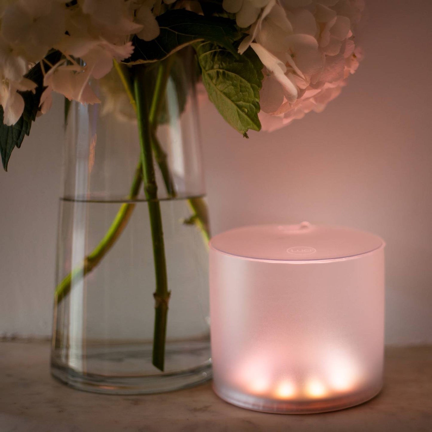 Soft warm glowing Luci Color Essence Solar Light casting ambient illumination next to a glass vase with white flowers, perfect for cozy indoor Farm, Garden & Tool and Lamps & Lighting settings.