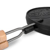 Close-up of a handcrafted cast iron rotating waffle iron with wooden handles, designed for outdoor camping and farm tool use, featured in Best Sellers and Promo Eligible collections.