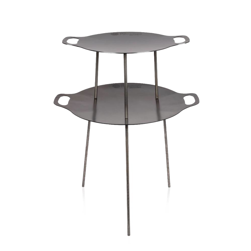Two-tier steel cooking griddle with sturdy legs and integrated handles, designed for versatile outdoor grilling and frying in Farm, Garden & Tool, Camping, Best Sellers, and Promo Eligible collections.