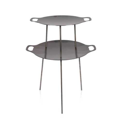 Two-tier steel cooking griddle with sturdy legs and integrated handles, designed for versatile outdoor grilling and frying in Farm, Garden & Tool, Camping, Best Sellers, and Promo Eligible collections.