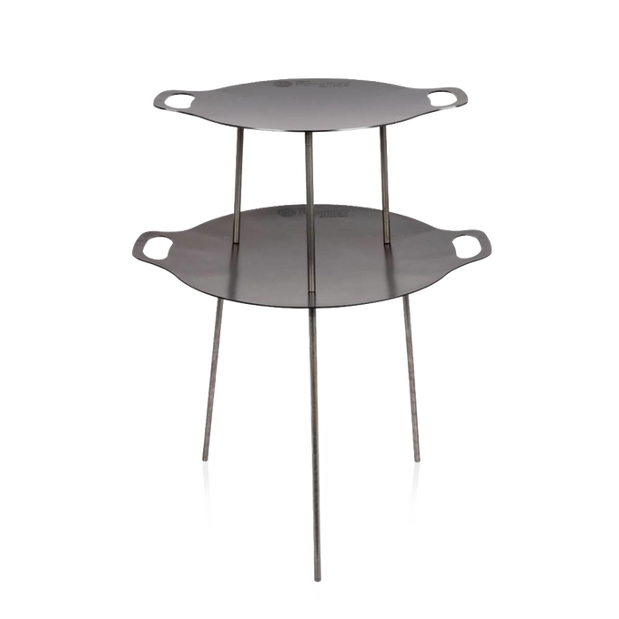 Two-tier steel cooking griddle with sturdy legs and integrated handles, designed for versatile outdoor grilling and frying in Farm, Garden & Tool, Camping, Best Sellers, and Promo Eligible collections.