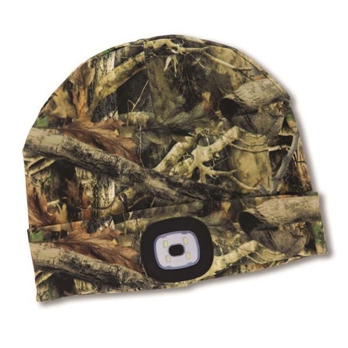 Camo patterned beanie with integrated rechargeable LED light on the cuff, designed for hands-free visibility during outdoor activities like camping and hunting.