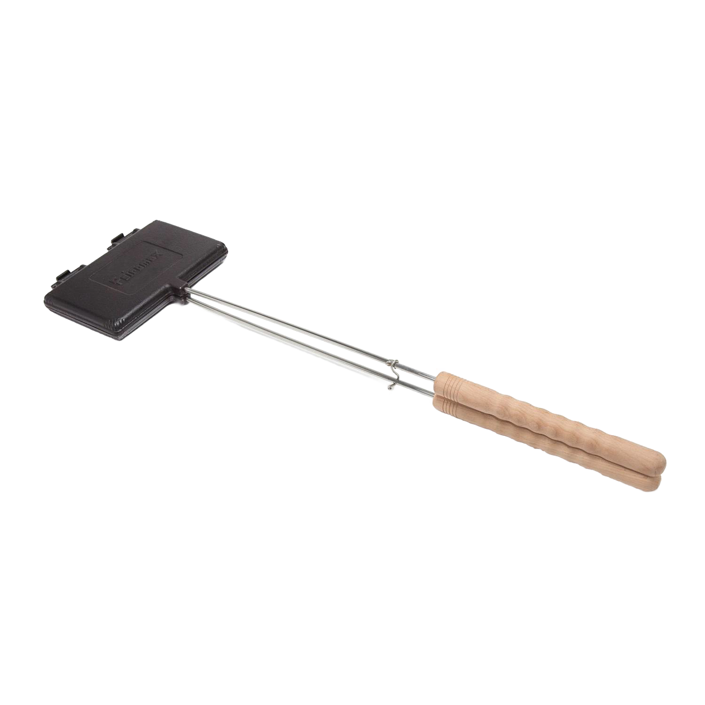 Cast iron waffle iron with a wooden handle designed for outdoor grilling or campfire cooking, perfect for Farm, Garden & Tool, Camping, and Best Sellers collections.