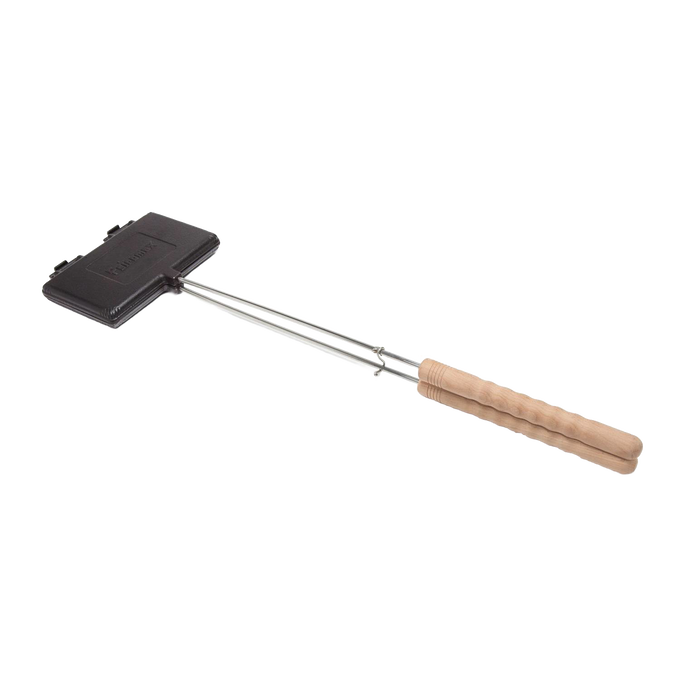 Cast iron waffle iron with a wooden handle designed for outdoor grilling or campfire cooking, perfect for Farm, Garden & Tool, Camping, and Best Sellers collections.