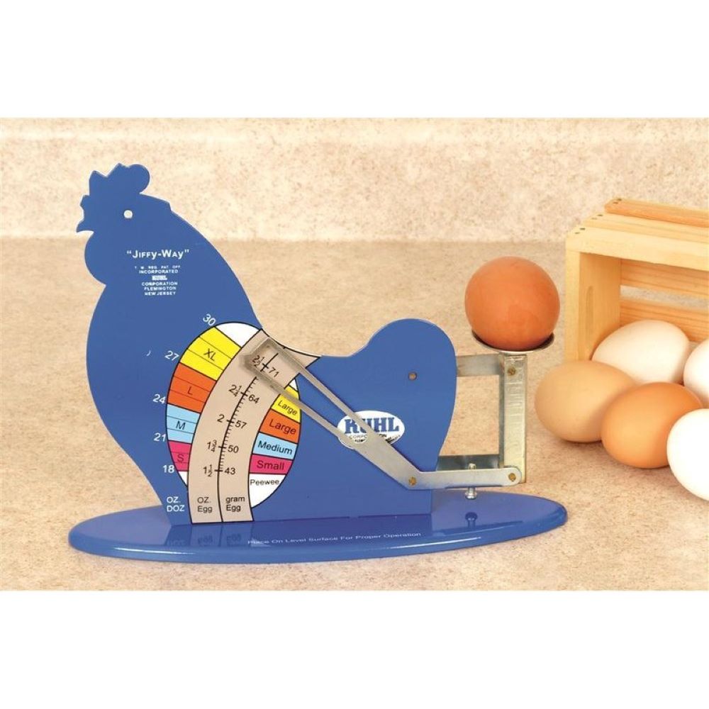 Blue handcrafted metal gravity-operated egg scale shaped like a hen with a color-coded size and weight gauge in ounces and grams, ideal for Farm, Garden & Tool, Animal Care, Best Sellers, and Promo Eligible collections.