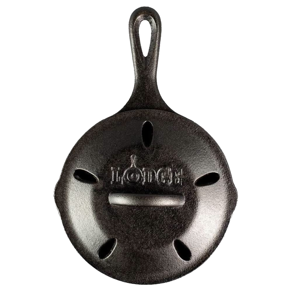 Black cast iron smoker skillet with teardrop vent holes and integrated handle for easy wood chip refilling, handcrafted and seasoned, featured in Kitchen & Food, Cast Iron, USA Made collections.