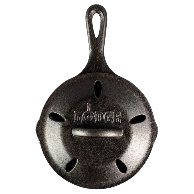 Black cast iron smoker skillet with teardrop vent holes and integrated handle for easy wood chip refilling, handcrafted and seasoned, featured in Kitchen & Food, Cast Iron, USA Made collections.