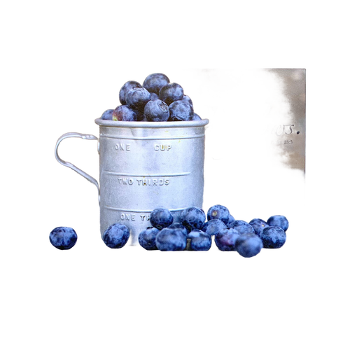 Rustic metal measuring cup filled with fresh blueberries beside a partial view of a scenic magnet featuring an inspiring Bible verse, ideal for Home & Decor, Best Sellers, and Promo Eligible collections.
