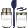 Handcrafted Kilner glass jars with stainless steel lids and bands, accompanied by a blue silicone spatula, ideal for baking and food storage in Kitchen & Food and Baking Supplies collections.