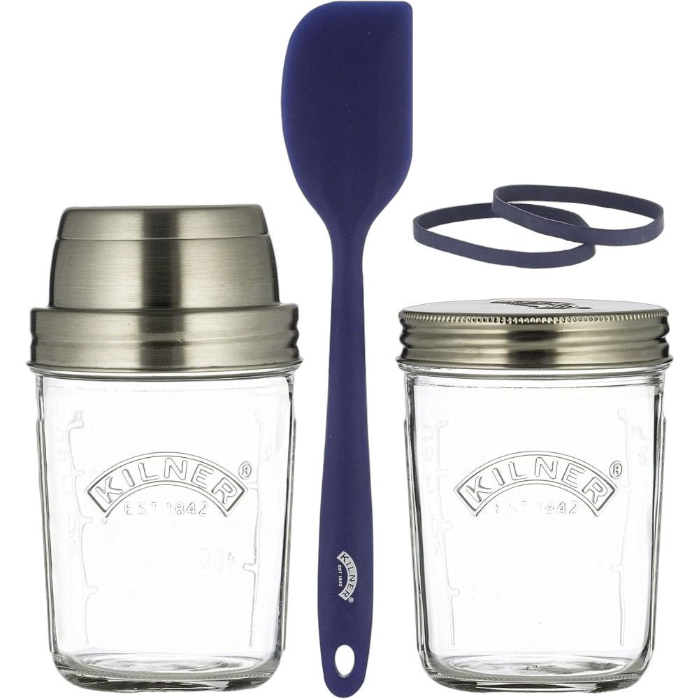 Handcrafted Kilner glass jars with stainless steel lids and bands, accompanied by a blue silicone spatula, ideal for baking and food storage in Kitchen & Food and Baking Supplies collections.