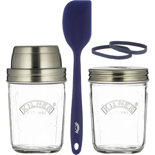 Handcrafted Kilner glass jars with stainless steel lids and bands, accompanied by a blue silicone spatula, ideal for baking and food storage in Kitchen & Food and Baking Supplies collections.