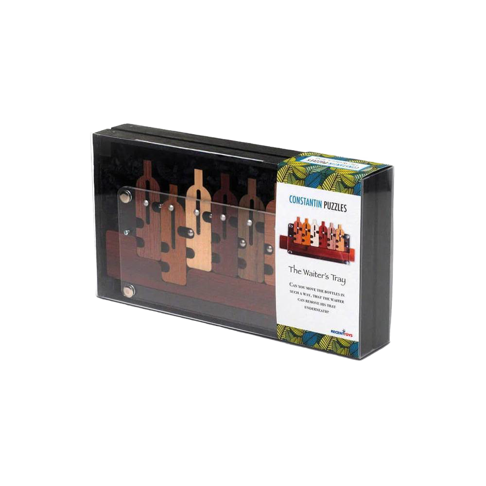 Handcrafted wooden brainteaser puzzle featuring six bottle-shaped pieces on a tray, designed for puzzle enthusiasts, part of Toys, Books & Games, Children's Toys, Games and Puzzles, and Best Sellers collections.