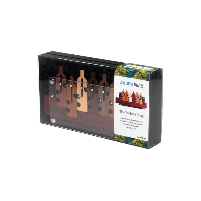 Handcrafted wooden brainteaser puzzle featuring six bottle-shaped pieces on a tray, designed for puzzle enthusiasts, part of Toys, Books & Games, Children's Toys, Games and Puzzles, and Best Sellers collections.