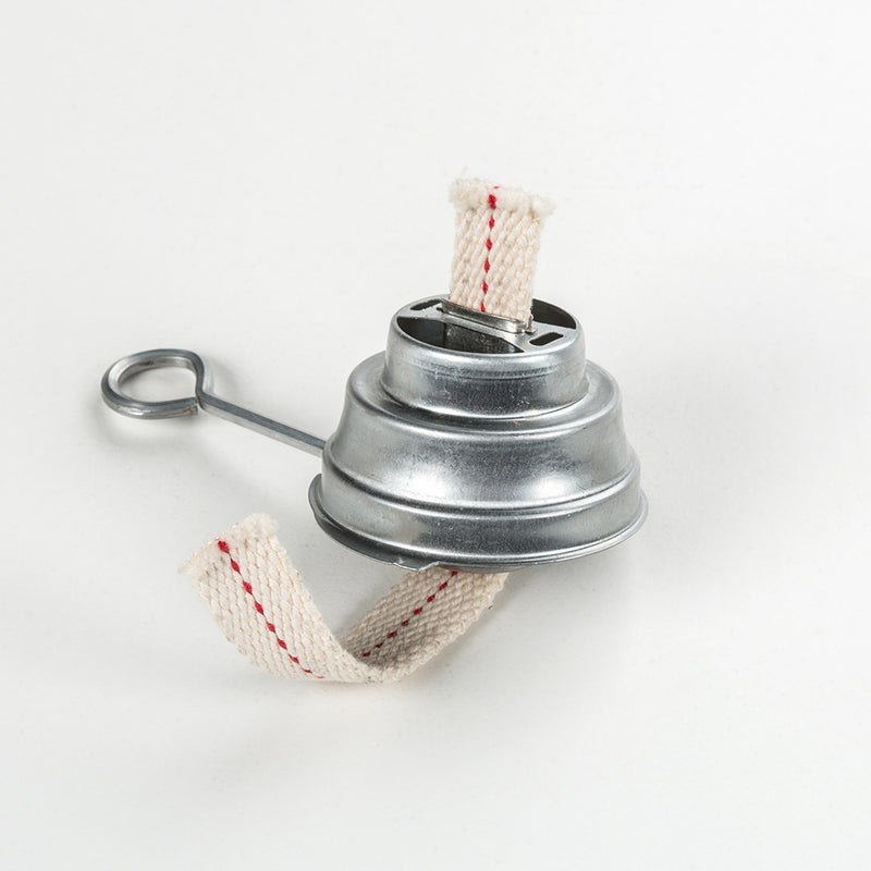 Galvanized metal replacement burner with flat wick and looped handle, designed for use in camping and emergency lanterns, featured in Lamps & Lighting and Parts and Accessories collections.