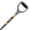 Close-up of a digging fork handle with a D-grip made of gray molded material and black rubber overlay, featuring a natural wood shaft labeled for Farm, Garden & Tool and Digging and Cultivating collections.