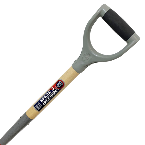 Close-up of a digging fork handle with a D-grip made of gray molded material and black rubber overlay, featuring a natural wood shaft labeled for Farm, Garden & Tool and Digging and Cultivating collections.
