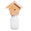 Handcrafted natural pine wood trap with a small hole mounted atop a clear glass jar, designed for outdoor pest control, Amish made in the USA, part of farm and garden collections.
