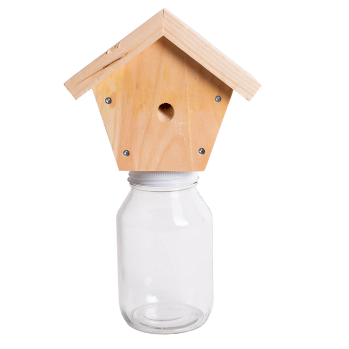Handcrafted natural pine wood trap with a small hole mounted atop a clear glass jar, designed for outdoor pest control, Amish made in the USA, part of farm and garden collections.